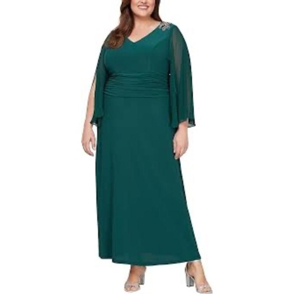 SLNYโ Womens Forest Green Beaded Shoulder Split Sleeve Maxi Gown Dress Size 16